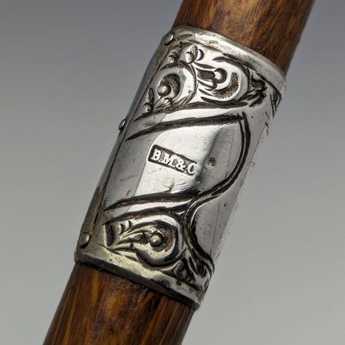 1922 British antique gentleman's walking stick brown stem sterling silver embossed decoration curved handle 90cm